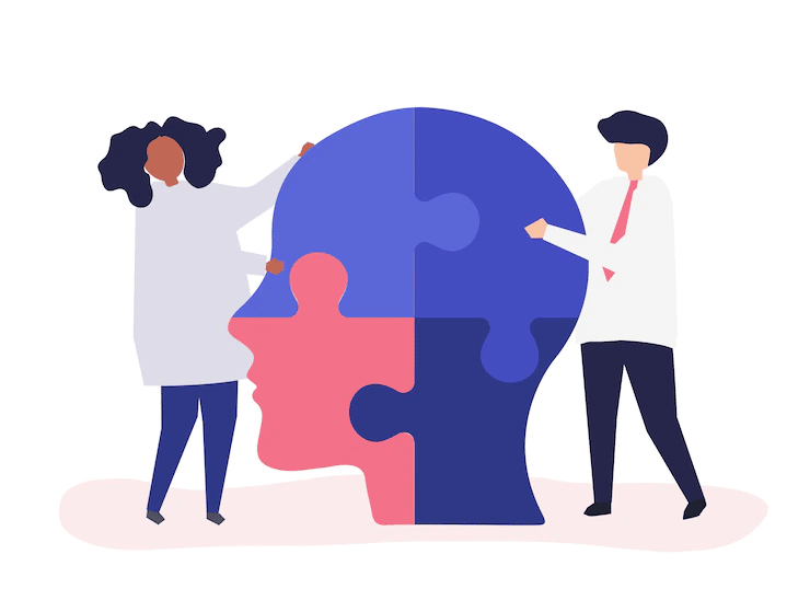 desenho de um quebra cabeça em formato de uma cabeça humana com um homem e uma mulher de lados opostos